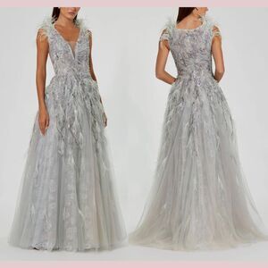 NEW Mac Duggal [ 10 ] 20259 Embellished Feathered Sleeveless A Line Gown Seamist